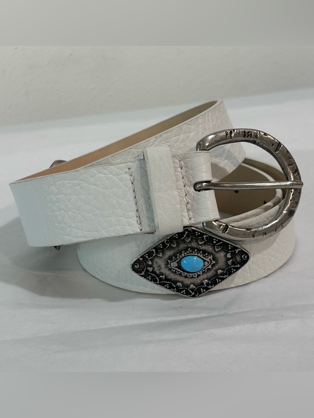 Garuglieri White Leather Belt Made in Italy Turquoise Accent Size M